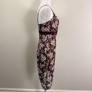 Bardot Floral Lace Midi Dress Burgundy Cream V-Neck Asymmetrical Hem Size US 6 thumbnail 2