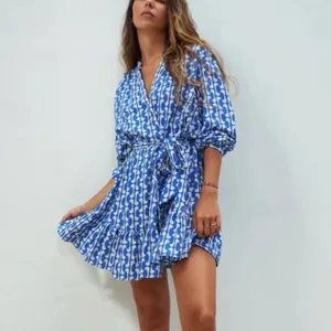 Zara Paula Blue/White Geometric Long Sleeve Mini Swing Dress Size Medium thumbnail 1