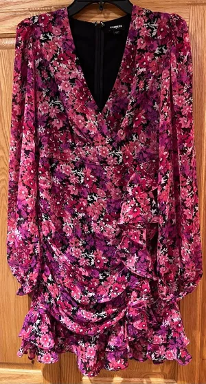 Express Pink Floral Print Long Sleeve Faux Wrap Ruffle Mini Dress‎ Size XXS thumbnail 1