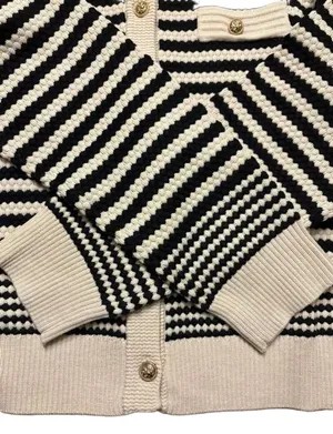 Adrianna Papell Wool blend cream black striped pointelle cardigan Size M thumbnail 7