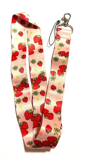 Strawberry Lanyard with green flowers Pink thumbnail 1