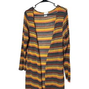 LIVE IN THE MOMENT Yellow Red Brown Stripe Open Front Cardigan Duster L thumbnail 2