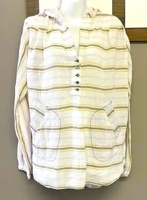 FREE PEOPLE-Rolling Clouds 100% Cotton Hoodie Pocketed White Stripe Blouse-Small thumbnail 1
