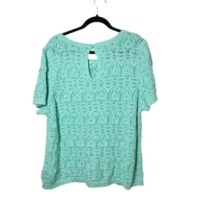 Anthropologie Mint Green‎ Pointelle Eyelet Knit Short Sleeve Keyhole Top 2X thumbnail 3