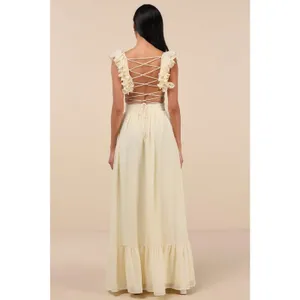 NWT Lulus Soiree Celebration Light Yellow Ruffled Lace-Up Maxi Dress Tiered S thumbnail 3