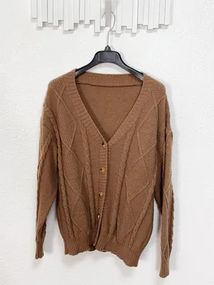 Camel Brown Cable Knit Button Front V Neck Oversized Cardigan Sweater thumbnail 2