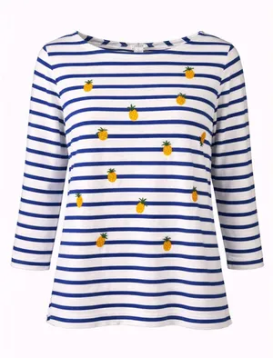 J.Crew Pineapple Stripe Top L Blue White Nautical Embroidered Cotton Shirt thumbnail 1