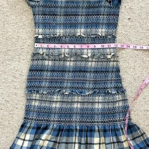LoveShackFancy Stanley Blue Plaid Smocked Mini Dress Medium thumbnail 9