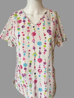 SB Scrubs White V-Neck Short Sleeve Top with Pink, Blue & Green Dot Print thumbnail 2