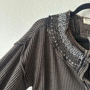 NWT Free People Holly Henley Thermal Long Sleeve Top Black Combo thumbnail 3