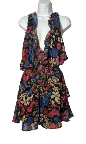 Slate & Willow Floral Ruffle Mini Dress XS Black Open Back Cottagecore‎ NEW thumbnail 1