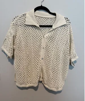 Cream Crochet Knit Button Down Short Sleeve Top Cardigan Collar Cream thumbnail 1