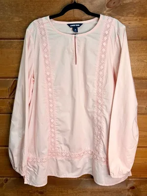 Lands’ End Pink Long Sleeve Lightweight Lace Eyelet Trim Cotton Tunic Top thumbnail 3