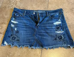 American Eagle Outfitters Blue Denim Distressed Floral Mini Skirt thumbnail 1
