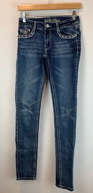 ViVi Diva skinny jeans sz 5 dark wash bedazzled embroidered floral western moto thumbnail 1