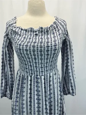 Altar'd State White and Navy Smocked Off-Shoulder Maxi Dress L Boho Cottagecore thumbnail 3