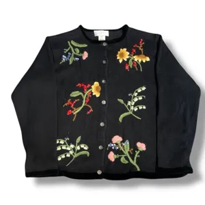 Susan Bristol Vintage Black Floral Embroidered Cotton Cardigan Dark Romance Knit Sweater thumbnail 1