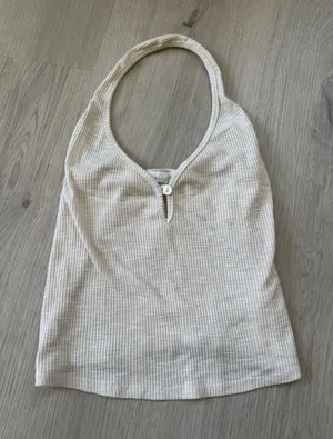 Y2K Ribbed Halter Tank with Button Keyhole in Cream thumbnail 1