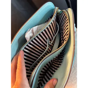 Blue Saffiano Dome Satchel Bag with Gold Heart Detail and Striped Lining thumbnail 6