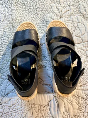 ☀️Eileen Fisher Willow Black Leather Espadrille Wedge Sandals Sz 7.5🧡 thumbnail 10