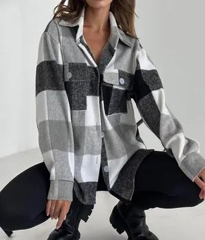 Plaid Button Down Shirt Shacket Size Large Pockets Oversized Heavyweight Black thumbnail 1
