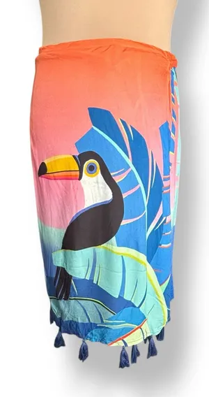 Farm Rio Toucan Sarong Wrap Midi Skirt Tassel Trim Tropical Resort Beach Coverup thumbnail 1