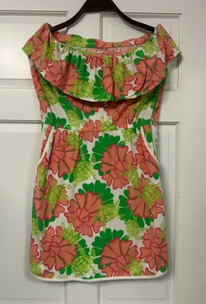 crown & ivy Strapless Floral Dress in Coral, Green & White thumbnail 1