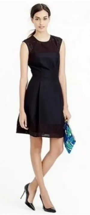 J.Crew Black Eyelet Laser Cut Cotton Silk Fit & Flare Dress 8T thumbnail 1