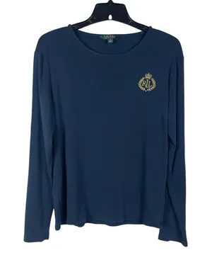 Lauren Ralph Lauren Women’s XL Navy Blue Long Sleeve Crest Logo Cotton Top thumbnail 1