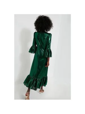 Pomander Place Green Metallic Pleated Ruffle Maxi Dress B1680 Small NWT thumbnail 2