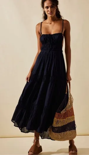 NEW Free People Taking Sides Tiered Cotton Maxi summer Dress Black sz XS thumbnail 1