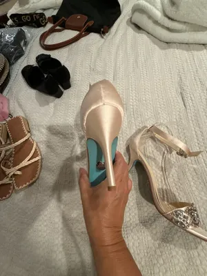Blue by Betsey Johnson Gina Champagne Satin Rhinestone Ankle Strap Heels thumbnail 10