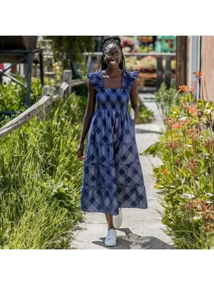 NWT Hill House Ellie Nap in Navy Glitter Check Plaid Smocked Midi Dress L thumbnail 3