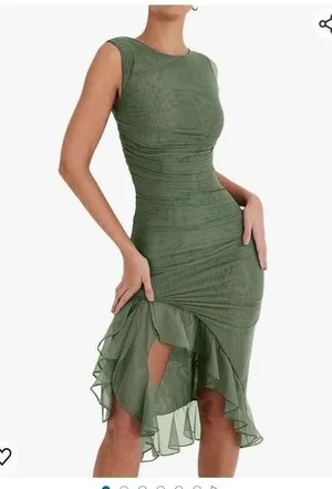 Midi Bodycon dress in olive green slevless ruffle Mermaid dress size small new thumbnail 1