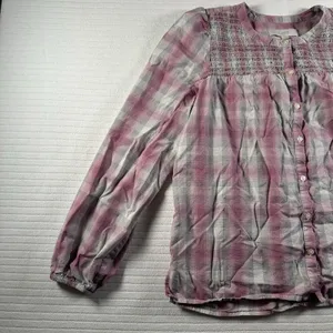 LOFT Women’s Medium Plaid Smocked Peasant Blouse Pink Gray Button Front thumbnail 2