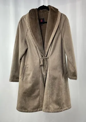 Adrienne Landau Vegan Suede & Fur Tie Closure Swing Coat in Brown Size Medium thumbnail 1