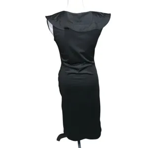 Women's V Neck Ruffle and Trim Wrap Hem Cap Sleeve Bodycon Midi Dress Satin Black thumbnail 7