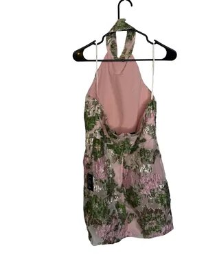🌸 Lulus‎ Floral Metallic Jacquard Halter Mini Dress Medium NWT ✨💖 thumbnail 2