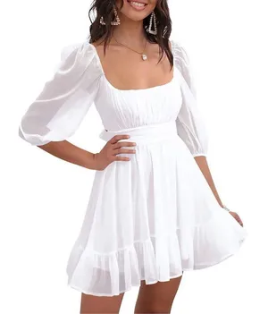 NEW Tie Back Half Lantern Sleeve Dress Ruffle Square Neck 2X White Size XXL thumbnail 3