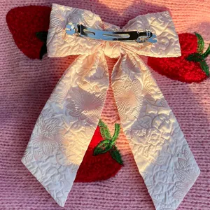 White and pink floral ribbon bow hair clip thumbnail 2
