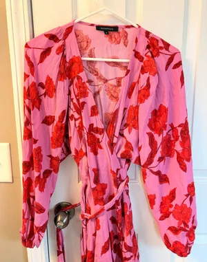 Olivaceous Pink Wrap Dress with Red Floral Print thumbnail 1