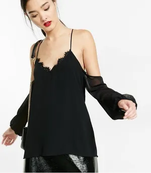 Express Chiffon Strappy Lace Cold Shoulder Blouse thumbnail 1