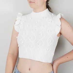 Vestique Cropped Sweater Vest Top Ruffle Cap Sleeves Pompom Jacquard Mock Neck M thumbnail 1