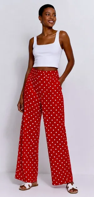 SHEIN Red White Polka Dot Wide Leg Palazzo Pants | Smocked Waist | Size M thumbnail 1