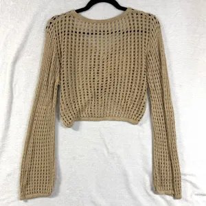 Open Knit L Tan Tie Front Cropped Cardigan Sweater Slouchy Boho Fairy‎ Grunge thumbnail 3
