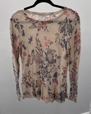 LOFT Beige Floral Print Long Sleeve Cotton Lightweight Knitted Sweater thumbnail 1