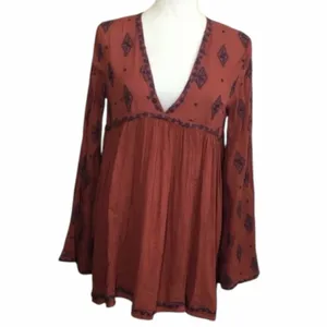 Free People Diamond Embroidered Mini Dress Boho Bell Sleeve Tunic Rust Small thumbnail 6