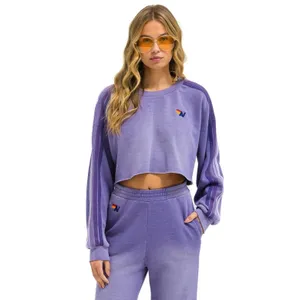 Aviator Nation - CLASSIC STRIPE CROPPED CREW SWEATSHIRT RELAXED FADED GRAPE Med thumbnail 2