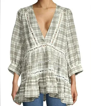 Free People Time Out Babydoll Tunic Cotton‎ Ivory grey combo size SP thumbnail 1