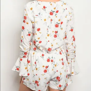 White Floral Romper Bell Sleeve Smocked Elastic Waist Button Front Size Small thumbnail 2